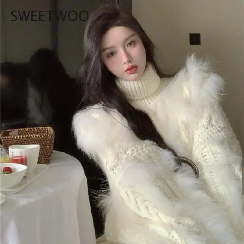 Women's Faux Fur Knitted Sweater Vest 2022 Famous Female Fur Pullover Warm Fall Winter High Neck Fur Sweaters Fashion Tide Slim
