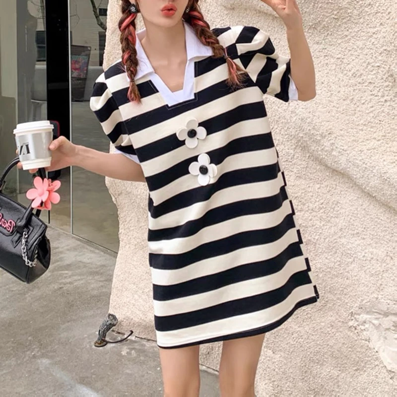 

2022 Summer Polo Collar 3D Flower Black White Striped Dress Loose Korean Fashion Retro Puff Short Sleeve T-shirt Dresses Women
