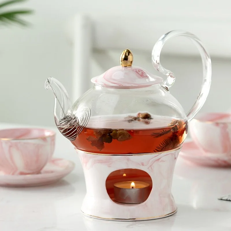 

Glass Teapot with Ceramic Base Creative Marble Design Tea Pot Tool Kettle Set with Strainer Tea Pot Set Glass Teapot