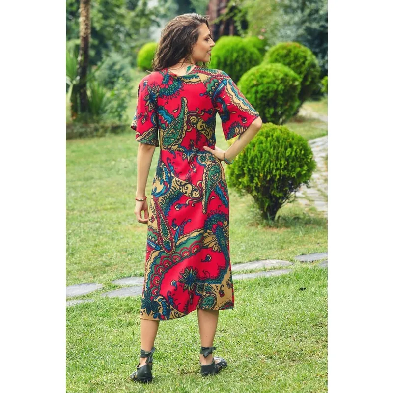 

Bat Sleeve Button V-Neck Bohemian Dress Women Summer Dress Casual Long Prom Midi Maxi