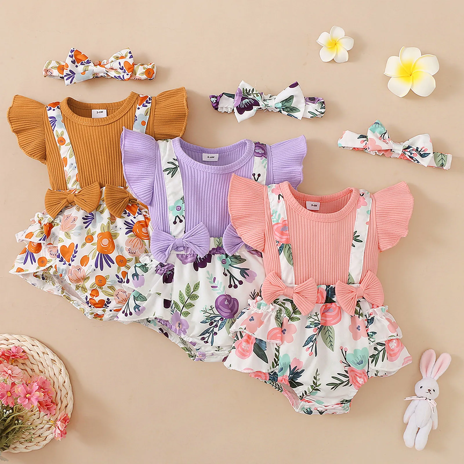 

Bee Outfit Baby Girl Infant Girls Ruffles Fly Sleeve Floral Printed Romper Newborn Bowknot Leotards Girls Dance Turtleneck