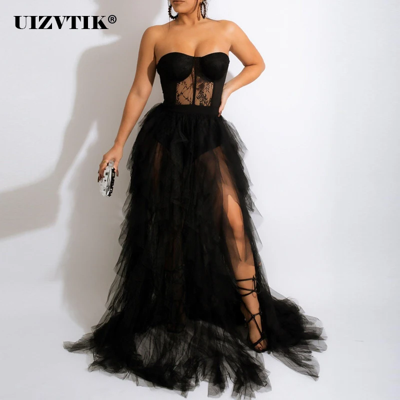 

Сексуальное перспективное сетчатое кружевное вечернее клубное длинное вечернее платье для женщин, лето 2022, платье макси без бретелек с открытой спиной и высоким разрезом, Vestido