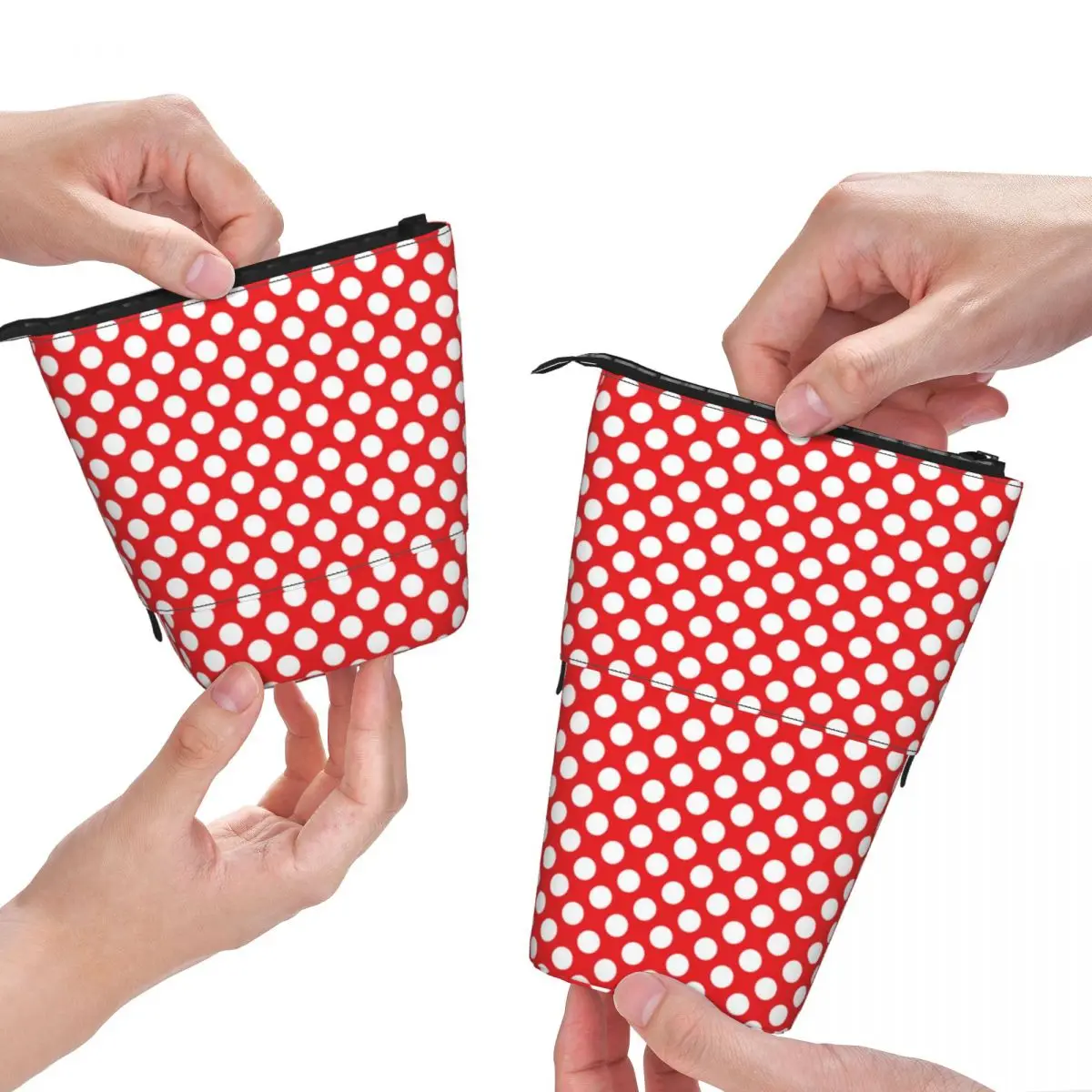 

White And Red Polka Dot Fold Pencil Case Vintage Spot Print For Teens Stationery Standing Pencil Box Kawaii Pen Bag