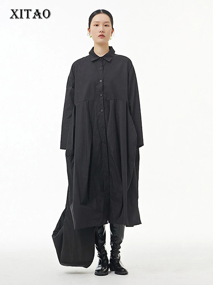 

XITAO Single Breasted Solid Dress Women Korea 2022 Summer New Arrival Personality Fashion Loose Full Sleeve Dress WMD5351