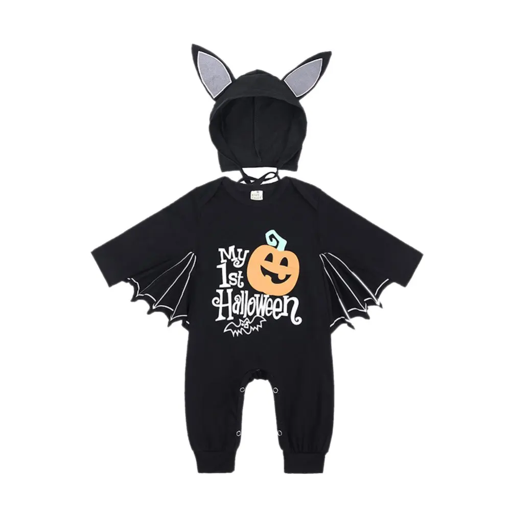 

Autumn Infant Pumpkin Bat Hoodie Bodysuit 0-18 Months My First Halloween Suit Newborn Baby Boy Cosplay Costume