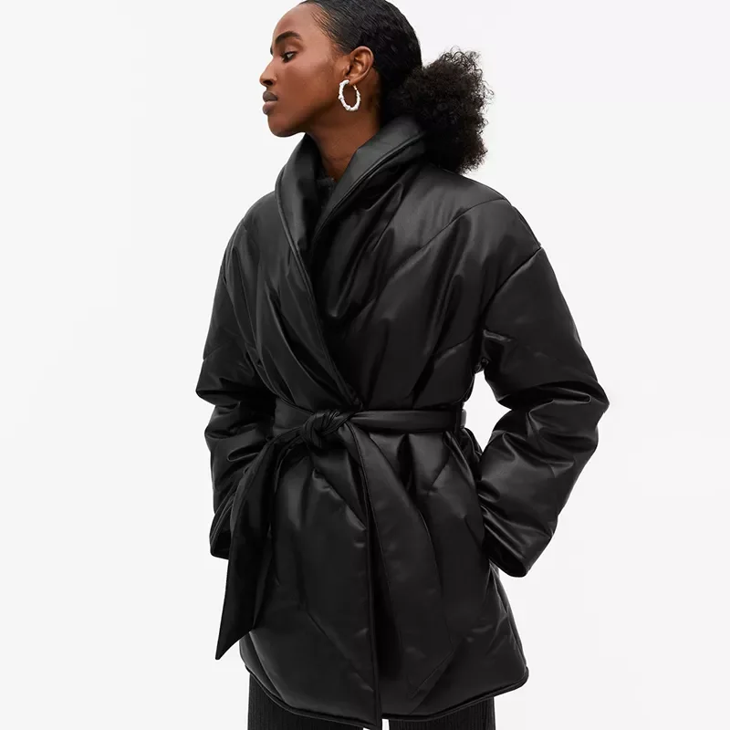 2022New Autumn Winter Parkas Women Fashion Loose Solid PU Leather Coats Women Elegant Tie Belt Cotton Jackets Female Ladies