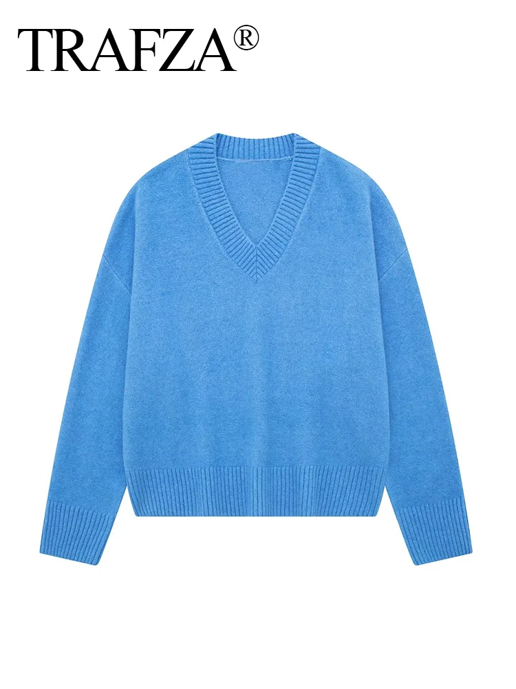 

TRAFZA Female Loose Outerwear 2023 Autumn Winter Women V-Neck Long Sleeve Blue Knitted Oversized Knit Pullover Jumper Sweaters