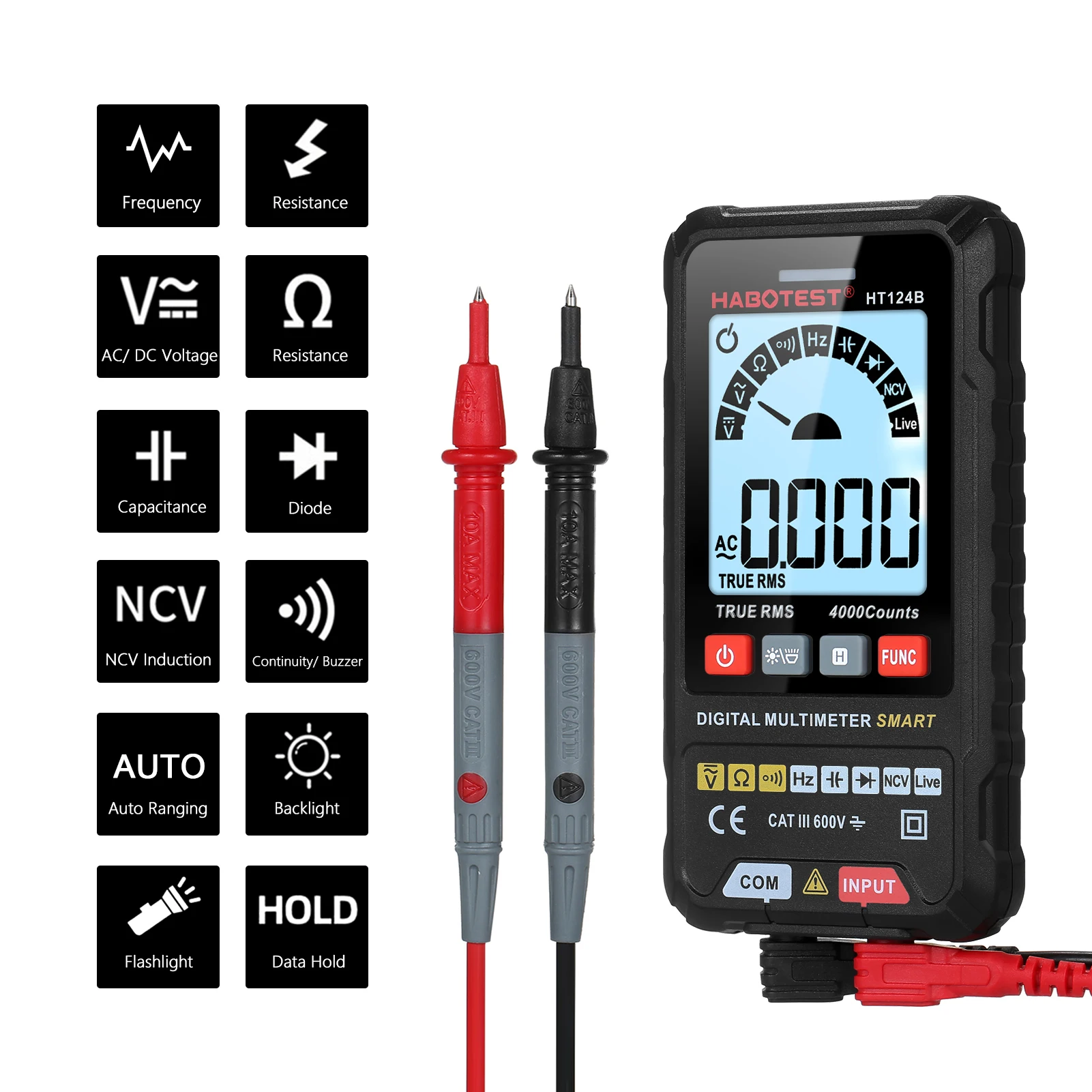 

Мультиметр HABOTEST HT124B/HT124A, умный цифровой мультиметр, истинное среднеквадратичное значение, 4000 отсчетов, автоматический дальномер, Измерител...