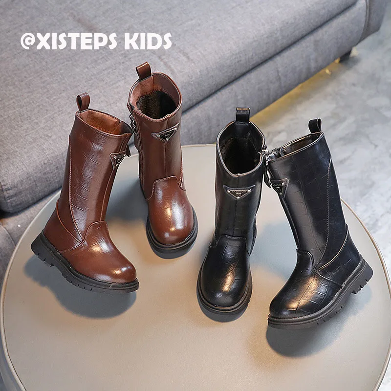 XISTEPS Children Girls High Quality Leather Boots 2023 Autumn Winter Plush Knee Length Boots for Kids Girls Black Brown Shoes