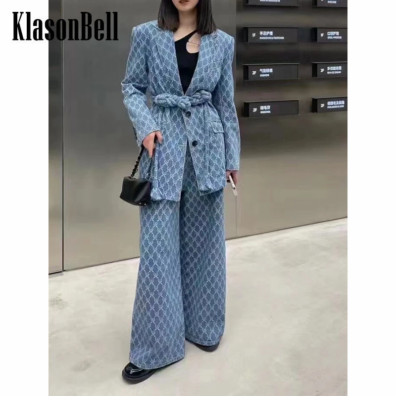 

3.26 KlasonBell Vintage Jacquard Pattern With Belt Blazer Or High Waist Wide Leg Pants Set Women