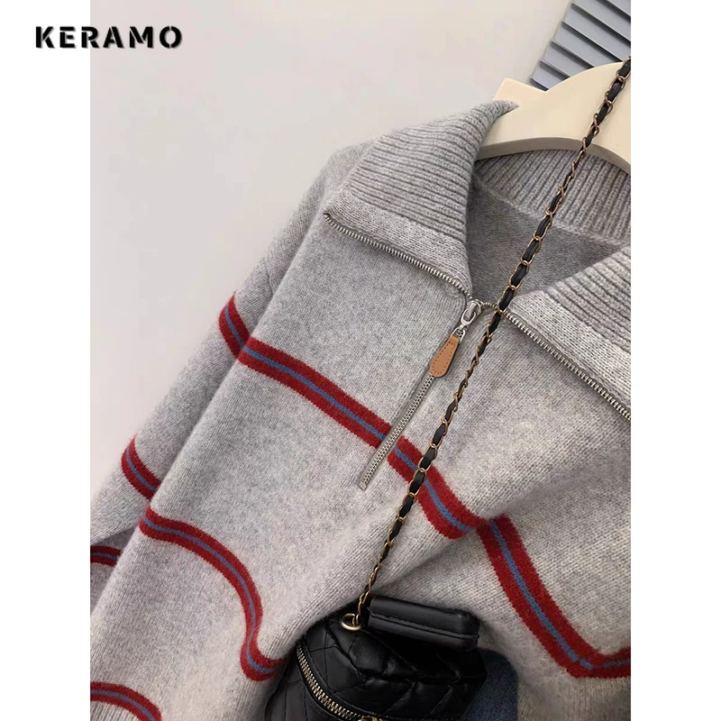 Весенне-зимние женские модные свободные полосатые вязаные серые свитера с