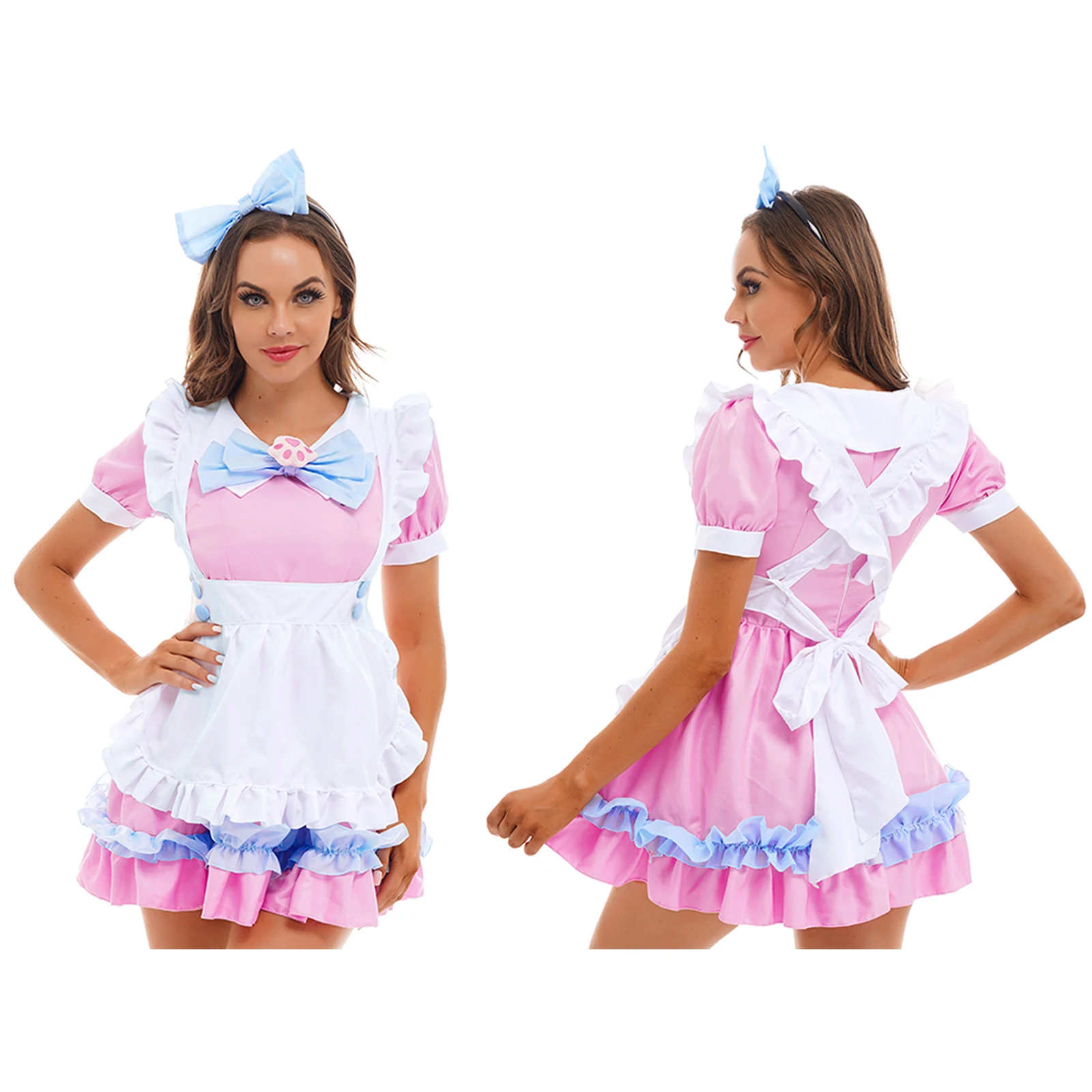 

Женское платье в стиле Лолиты, милое платье для горничной, аниме, костюмы для косплея, пышные рукава, платье с оборками, на шнуровке, фартук, головной убор, галстук-бабочка, брошь в виде лапки