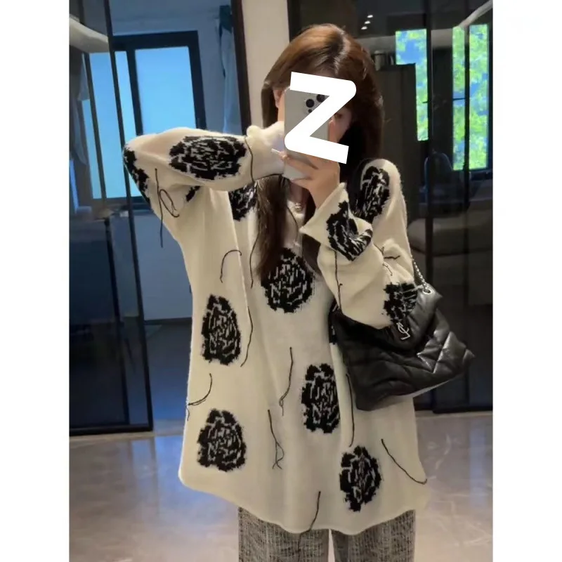 2024 новый винтажный корейский свитер с вышивкой розы для женщин осенний вязаный