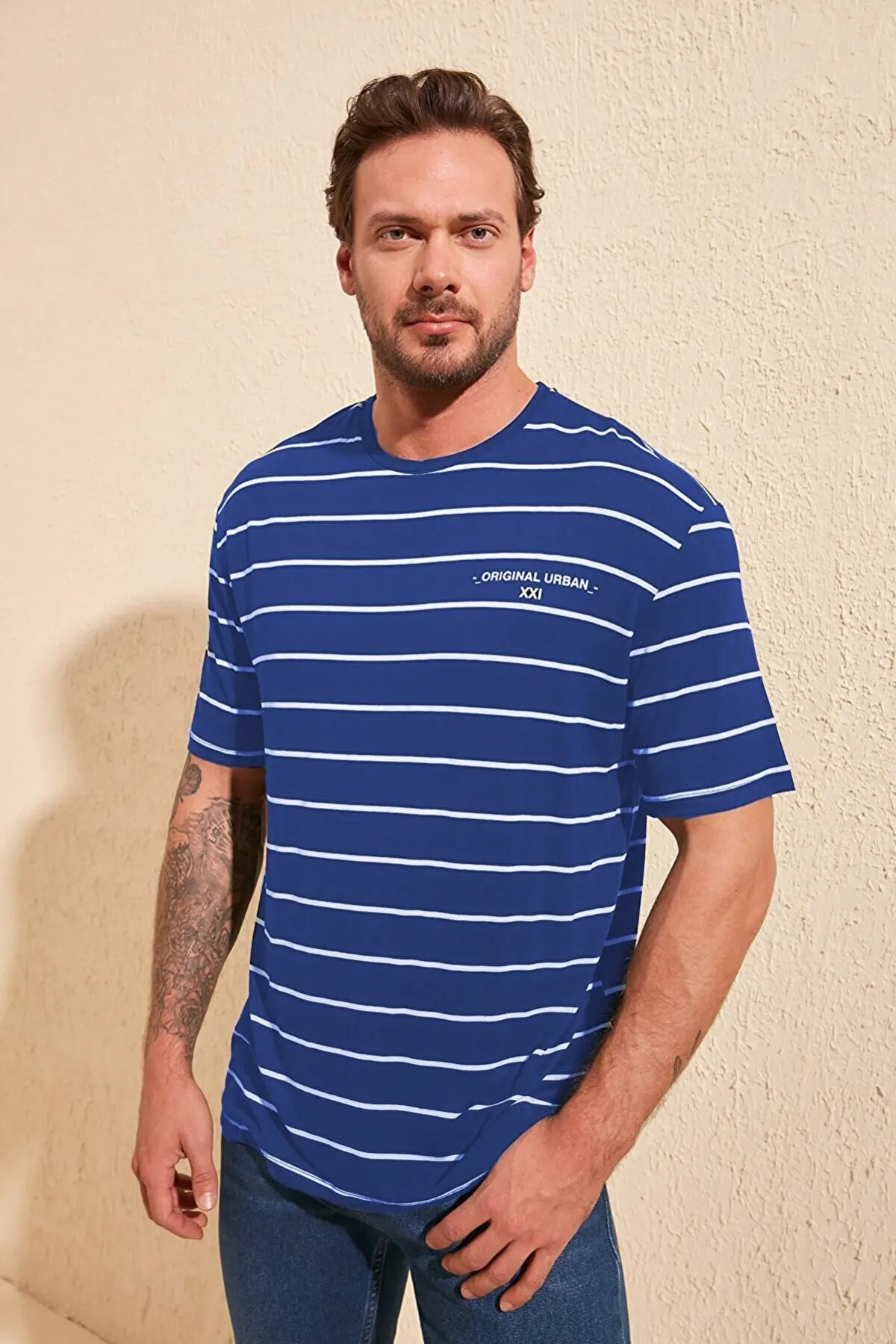 

Navy blue male overweed fit striped t-shirt 0521 T-shirts for men Summer Fashion Fashion