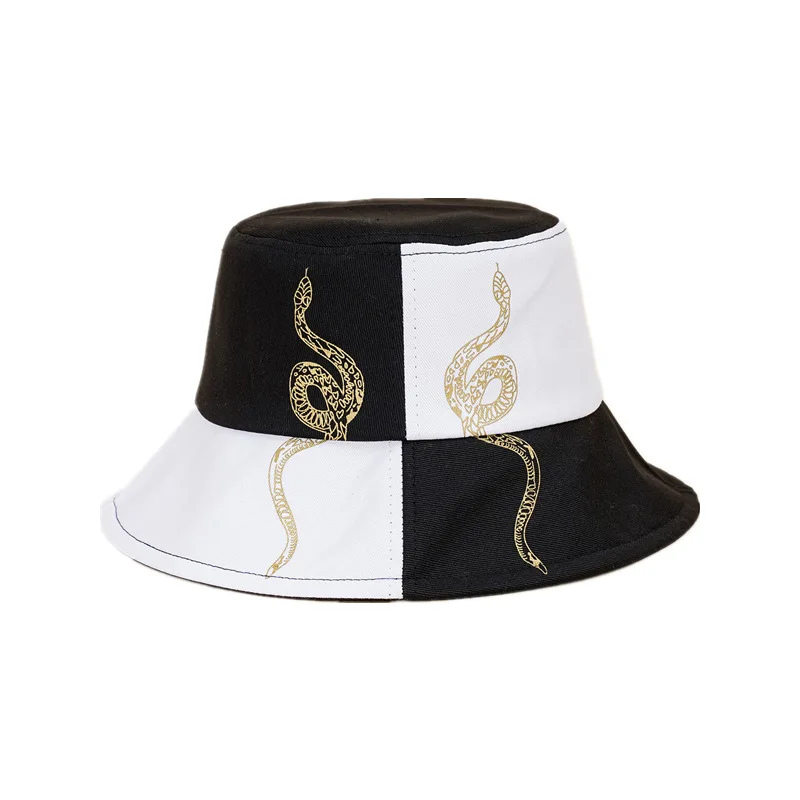 Black White Color Matching Bucket Hats For Women Men Cotton Fisherman Snake Totem Hip Hop Bucket Ladies Outdoor Sunhat Wholesale