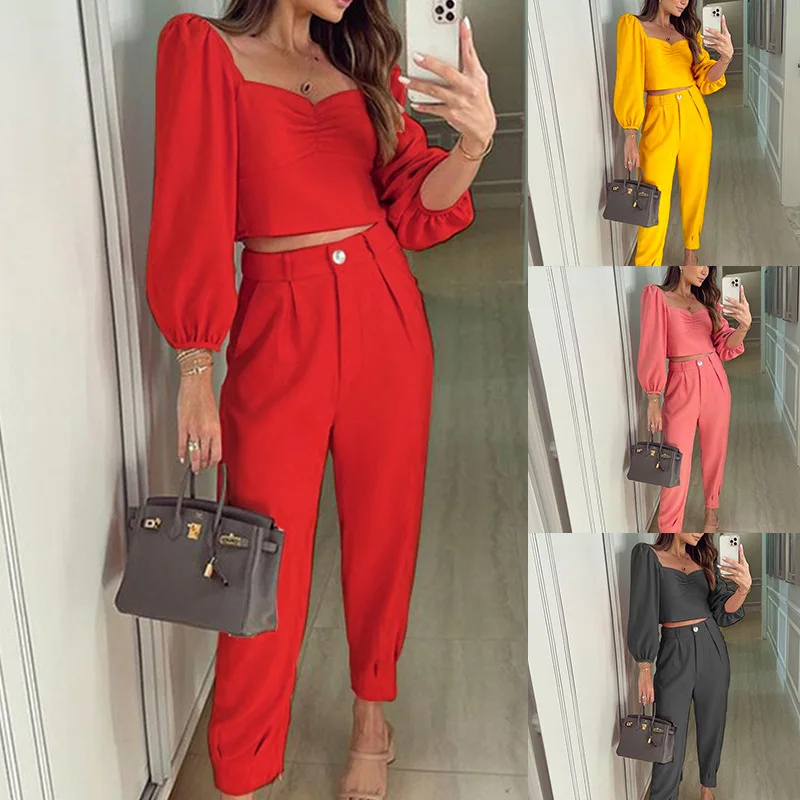 2022 Autumn New Women's Pants 2-piece Set, Elegant and Solid Color Slim Lantern Sleeve Fashion Casual Suit