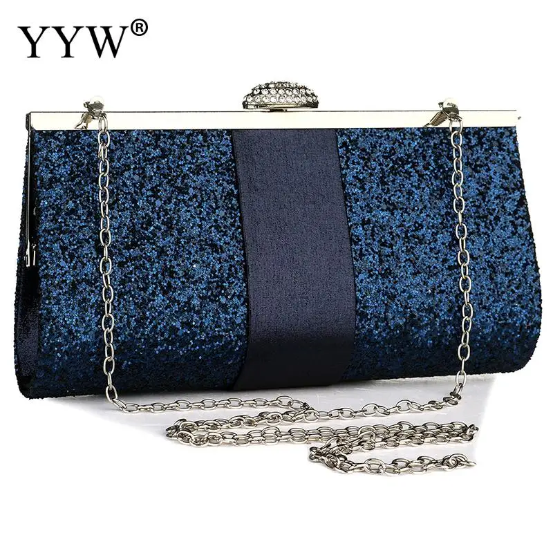Fashion Sequins Beading Evening Clutch Handbag with Satin Women Metal Chain Crossbody Shoulder Envelope Messenger Purse Wallet