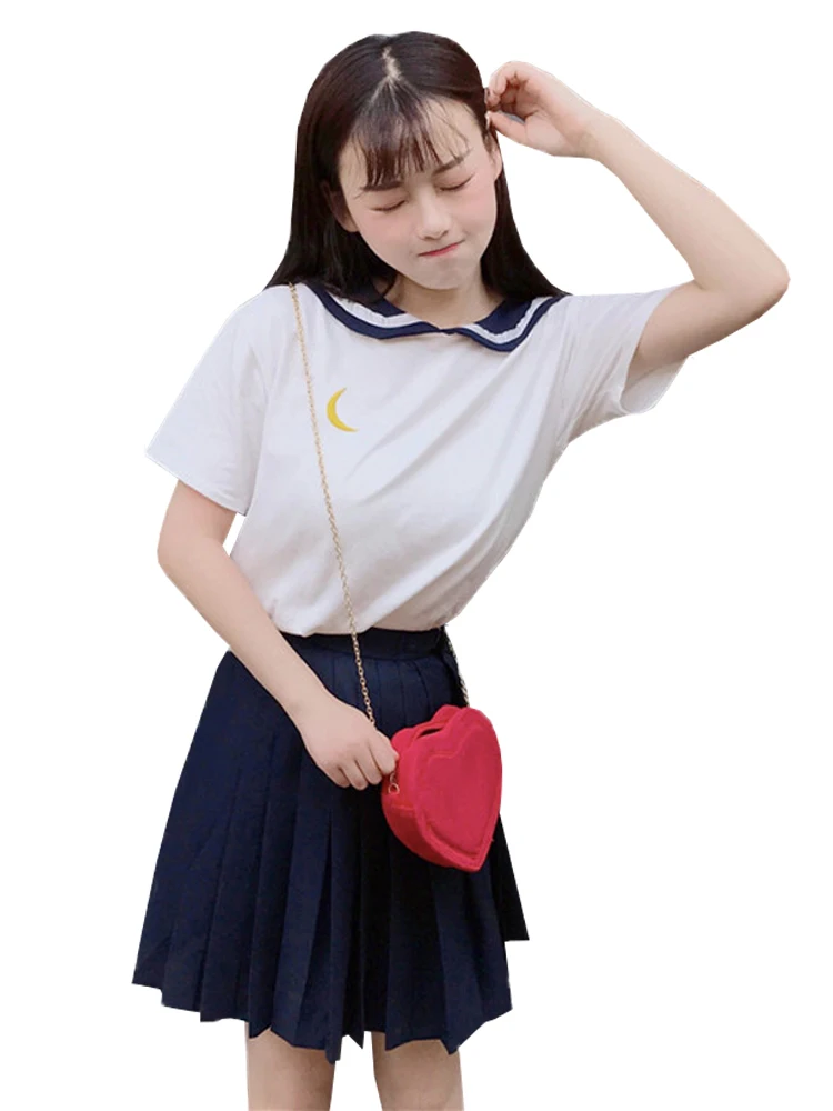 

Summer Japanese Kawaii Short Sleeve T-shirt Teen Girls Casual Cute Navy Collar Tee Fashion Lovely Embroidery Loose Female Top