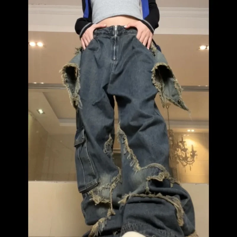 

2023Casual slim-fit pants, New Washed Old Jeans Stars Fur Trim Patch Spring and Autumn Loose Straight Collision Color Jeans Drag