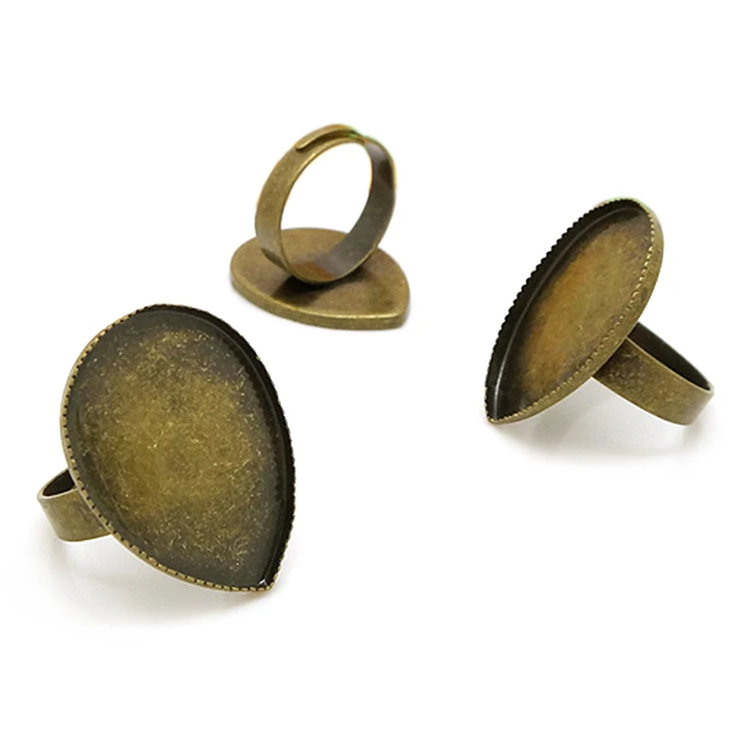 

10pcs Antique Bronze Water-drop Ring Blank Jewelry Settings With Inner 13*18mm/18*25mm Tray For Cameo Cabochons