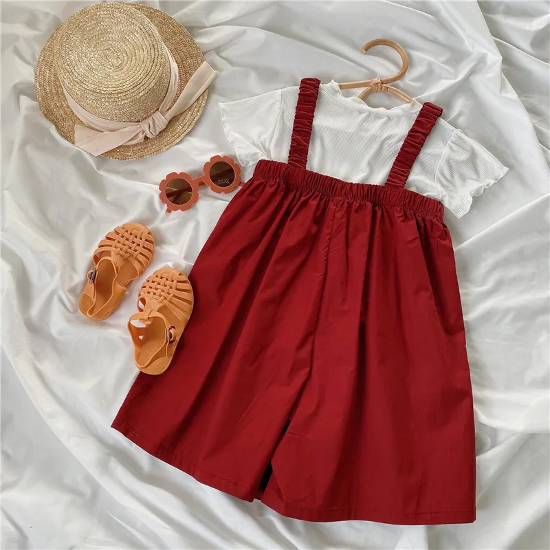 

2Pcs Kids Summer Clothes Set Cotton Tshirt+Overalls Pants Children Clothing Baby Girl 2022 Outfits Tracksuit