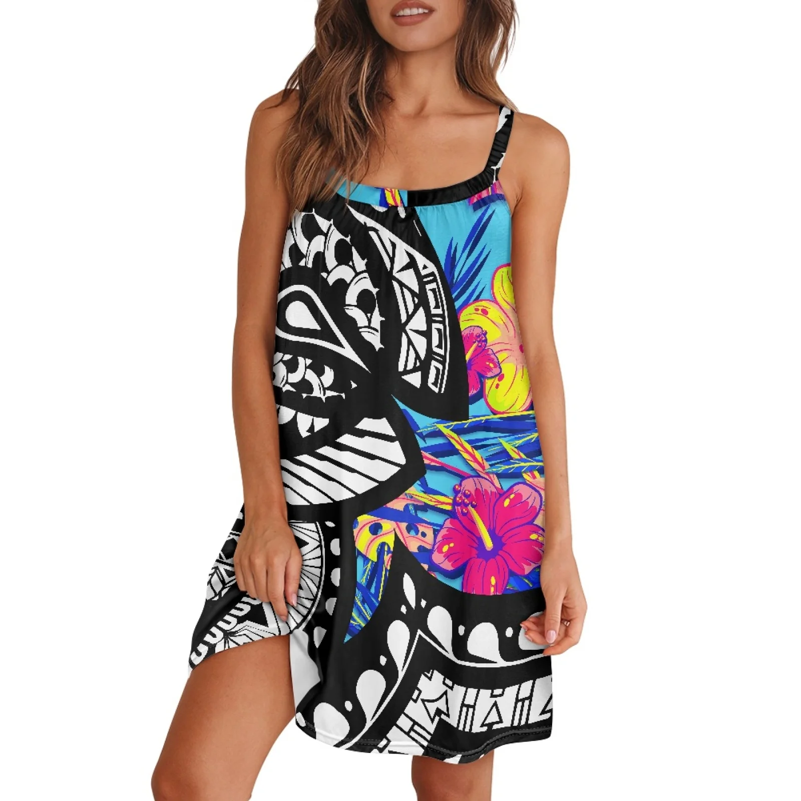 

Polynesian Tribal Samoan Totem Tattoo Samoa Prints Banquet Casual Summer Sleeveless Strap Suspender Hibiscus Print Mini Skirt