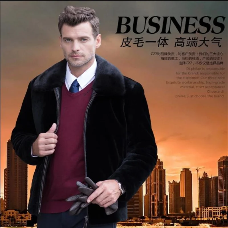 

Black warm casual faux mink rabbit fur coat mens leather jacket men coats villus winter loose thermal outerwear zipper classic