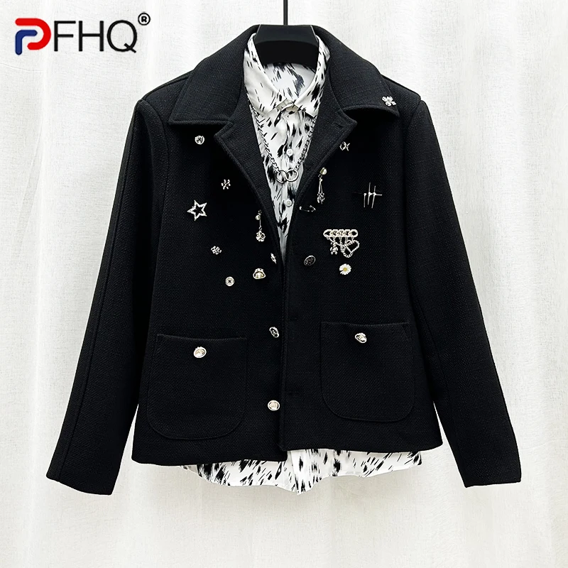

PFHQ Autumn Men's Metal Decoration Coat Personality Trendy Solid Color Pockets Lapel Cool Creativity Temperament Jackets 21Z2094