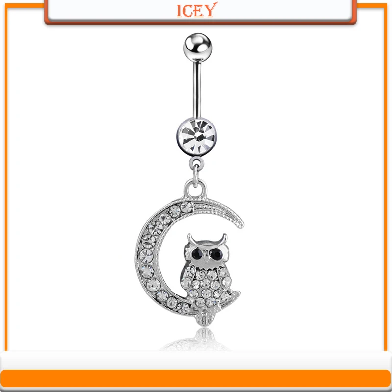 

1pc owl belly ring moon navel stud rhinestones belly navel jewelry crystal belly button ring Stainless steel belly body jewelry