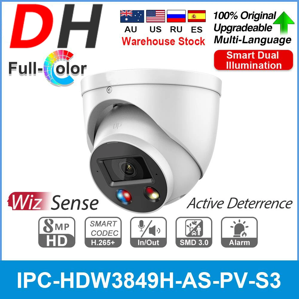 

Dahua 8MP полноцветная IP-камера активное сдерживание IPC-HDW3849H-AS-PV-S3 4K Встроенный микрофон динамик WizSense Smart светильник
