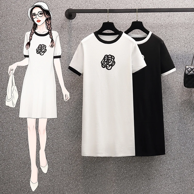 

4XL size women elegant casual flower embroidery kint dresses Summer short sleeve loose thin ice silk knitted dress