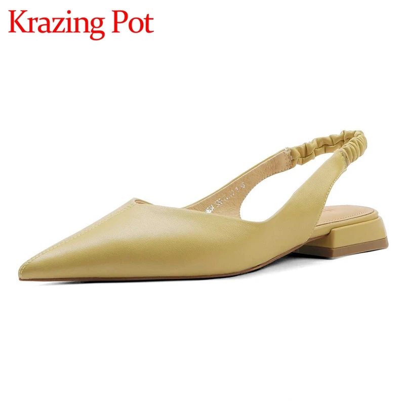

Krazing pot full grain leather high quality pointed toe low heel soft comfortable slingback pleated three colors women pumps L34