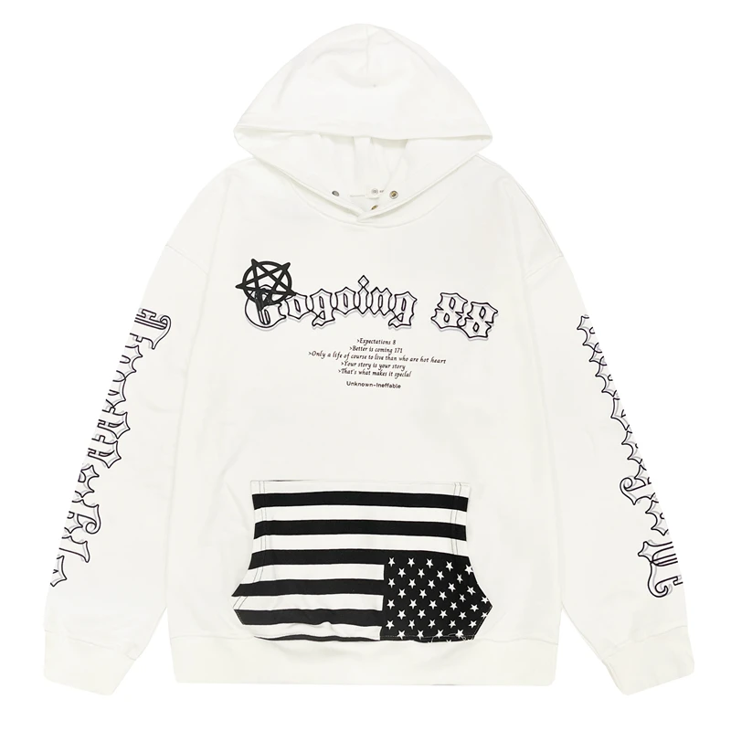 E BOY  Autumn and Winter Terry Patchwork Streetwear Letter Striped Men's Hooded Hoodie Pullover Harajuku Retro Baggy Casual