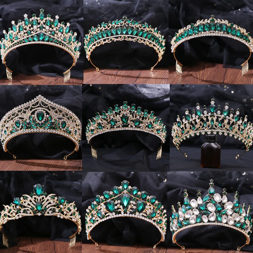 

DIEZI Baroque Luxury Queen Green Crystal Crown Bride Tiara Wedding New Women Korean Princess Headpiece Hair Jewelry Accessories