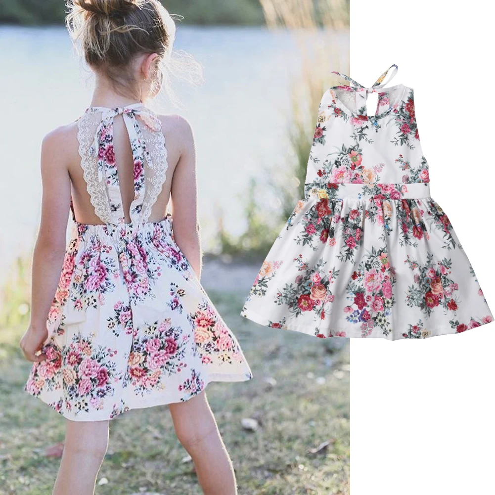 

2021 Summer Dress for Baby Girl Sleeveless Floral Printed Backless Party Wedding Princess Dresses Children Kid Clothes