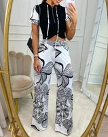 chaxiaoa 1 sets casual daily summer 2022 women floral print zipper front top wide leg pants set