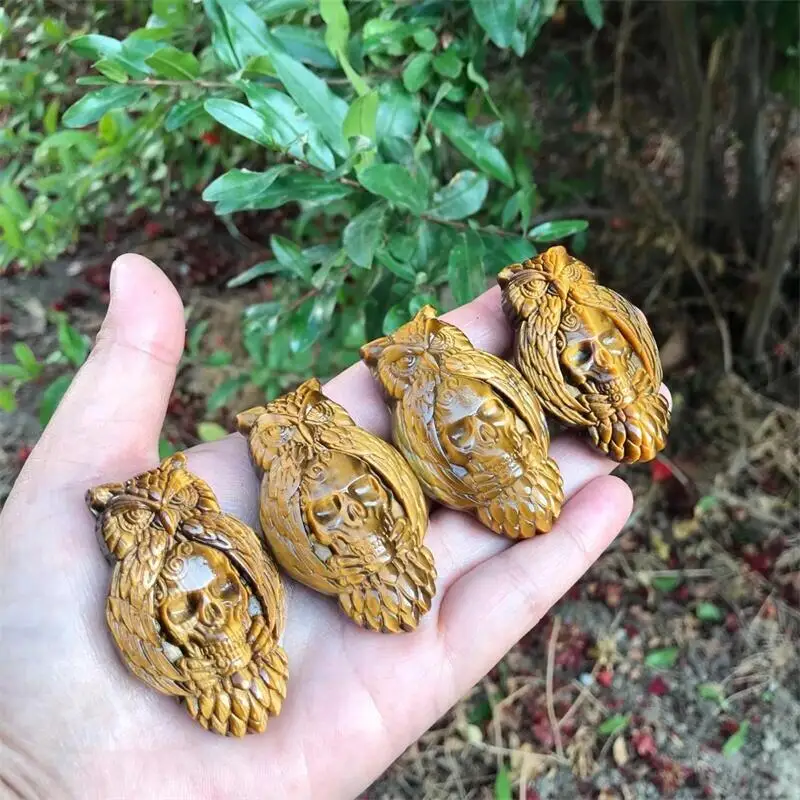 

Natural Crystal Labradorite Owl Skull Polished Quartz Carving Healing Gemstones Reiki Home Decoration 1pcs
