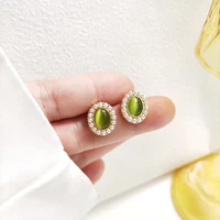 s925 silver needle japan and south korea cat eye pearl earrings small fresh green earrings simple retro oval earrings