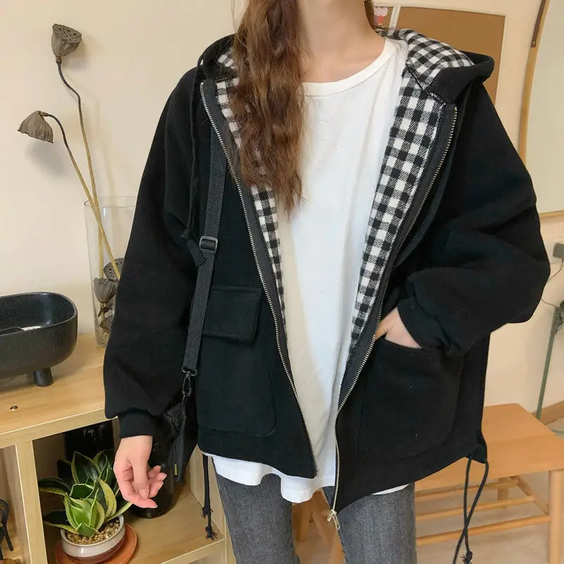 

Plaid Lining Hooded Chic Daily Outwear Coats Ins Harajuku Teens Streetwear Women Casual Loose Bomber Jacket BF Style Jackets New