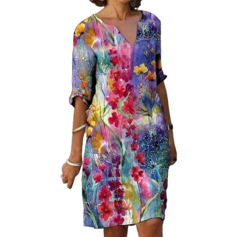 

Women Half Sleeve V-Neck Boho Colorful Floral Print Knee Length Midi Long Dress