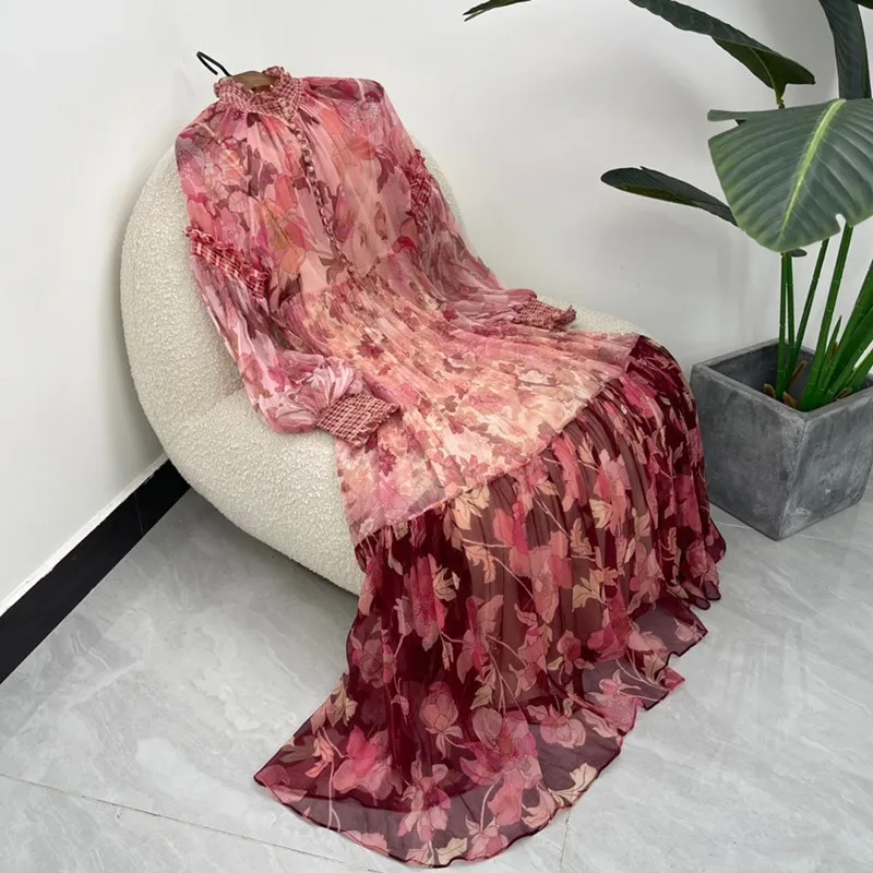 

Женское платье средней длины, весеннее розовое платье из шелка креп-Жоржетта с цветочным принтом и пэчворком, 2022