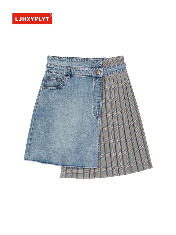

Irregular Stitching High Waist Denim Skirt Women's Summer New Retro Hongkong College Style Design Pleated Short-skirt Female