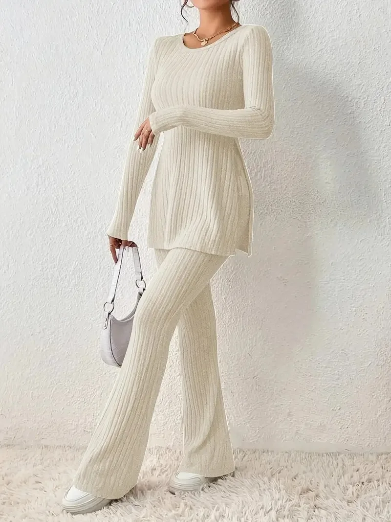 

2023 Autumn and Winter Solid Color Sexy Leisure Slim New Fashion Pants Long Sleeved Elegant Split Two Peice Set for Women
