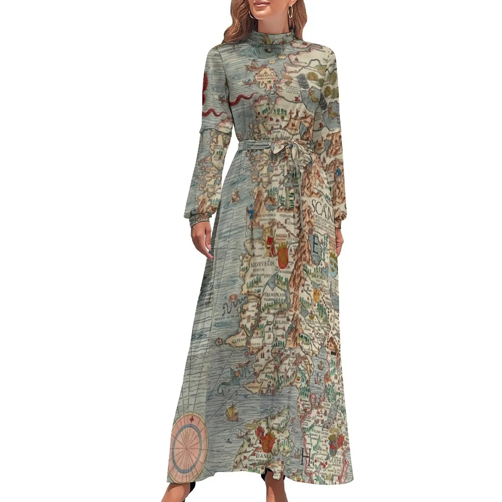 

Vintage Old World Map Dress High Waist Iceland Print Beach Dresses Long-Sleeve Street Fashion Long Maxi Dress Kawaii Vestido