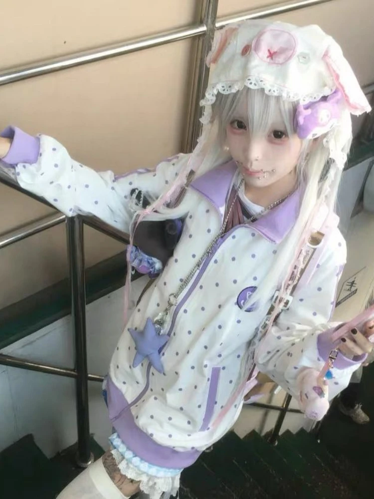 Фото HOUZHOU Y2k белые Cutecore Juminocore женские толстовки в горошек на молнии милое пальто с длинными рукавами в японском стиле Kawaii свободное повседневное №4
