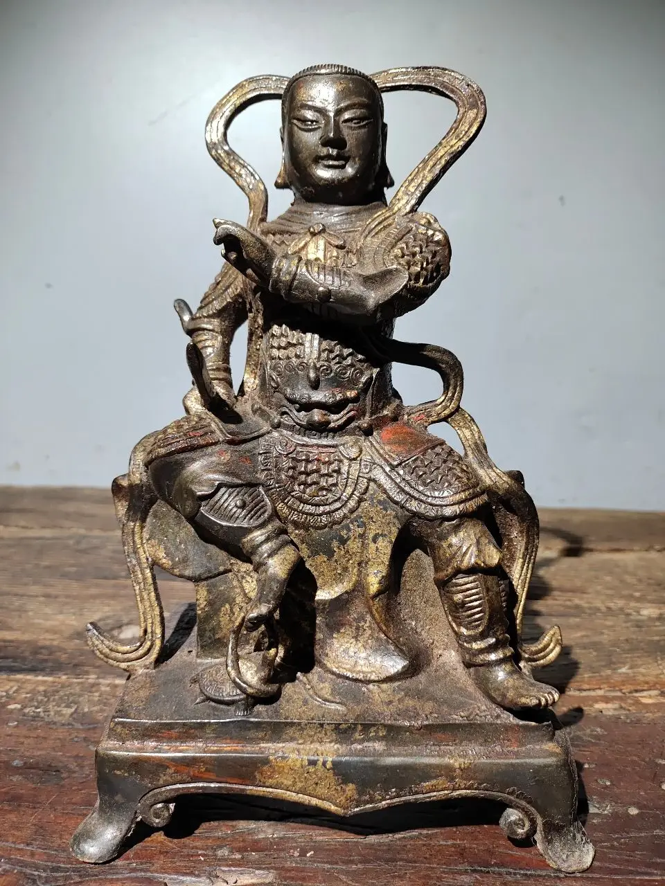

10"Tibetan Temple Collection Old Bronze Cinnabar Emperor Xuanwu Emperor Zhenwu Northern Emperor Sitting Buddha Town house