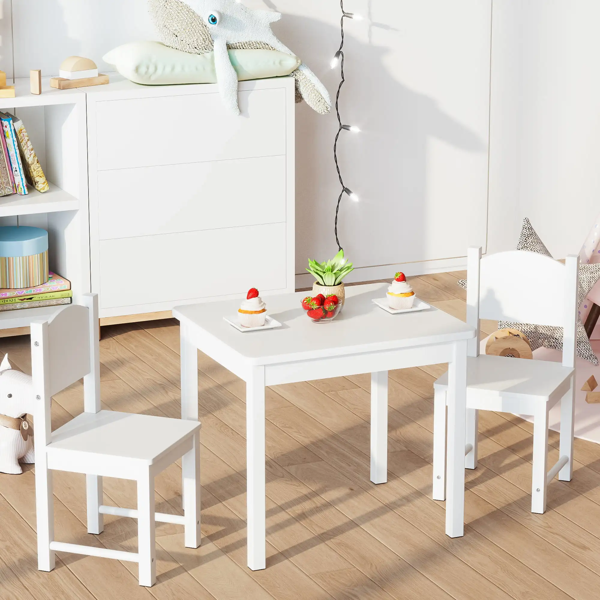 

Kids Table and 2 Chairs Set, Solid Hard Wood, White
