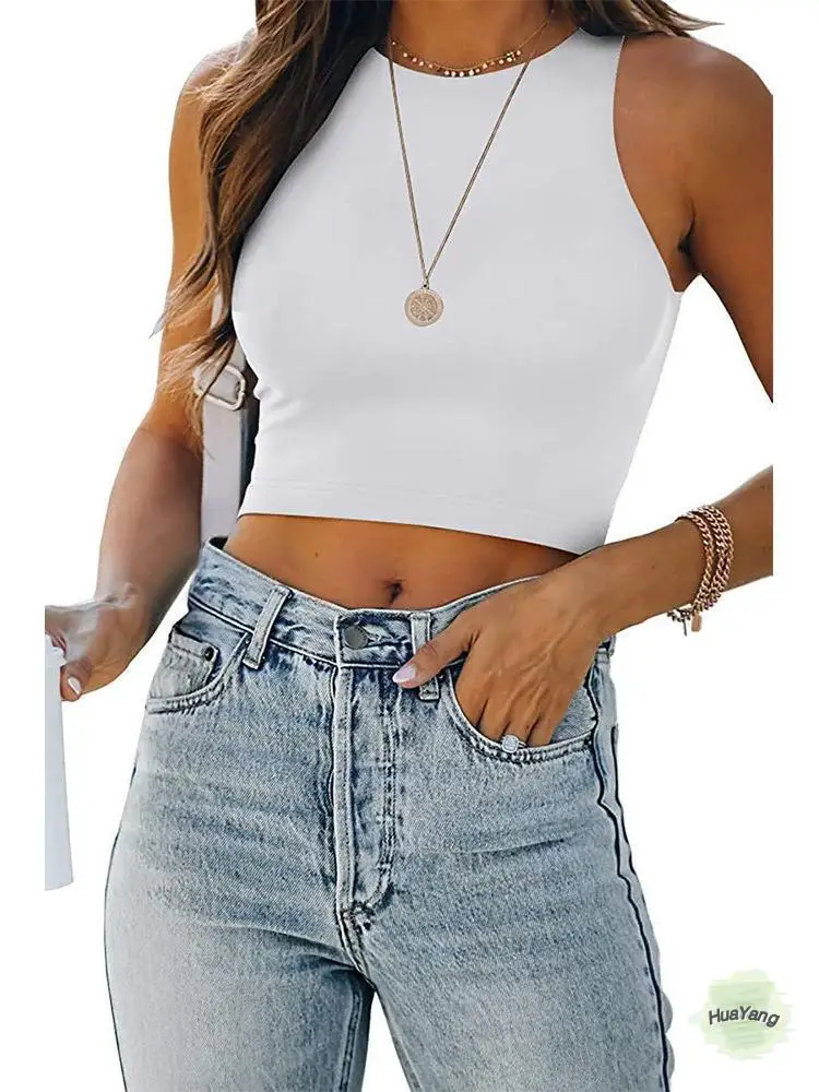 

HuaYang Summer Streetwear Solid Crop Top Women T-shirt Sleeveless O-Neck Tank Tops