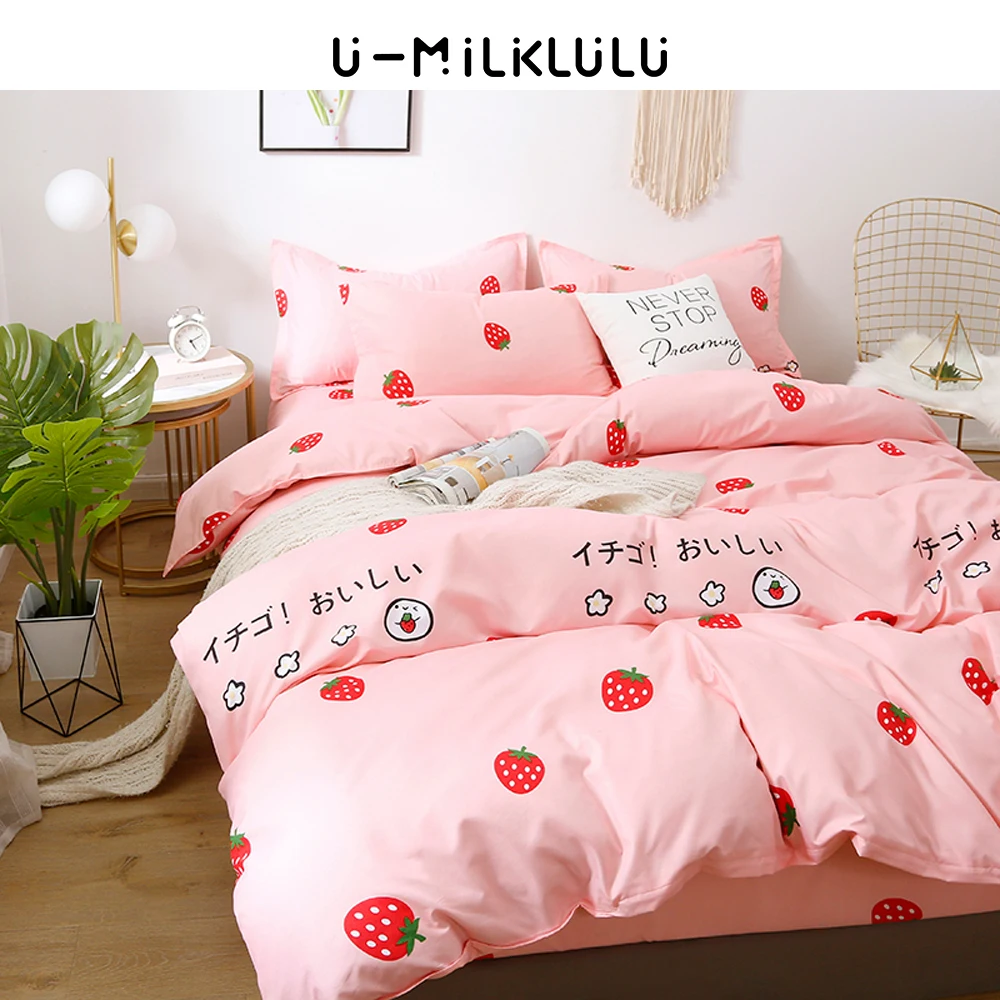 

Strawberry Bedding Set Pink Sheet Set Single Double Queen King Size Elastic Duvet Cover Pillowcases Kawaii Bed Comforters