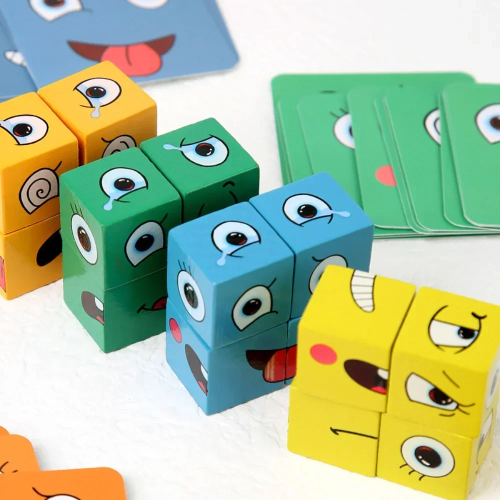 Cube Face Changing Wood Puzzle Building Block Board Game Montessori Expression Wooden Blocks Blocos For Children Kids Toys Gift